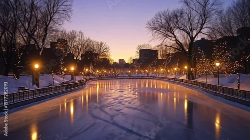 Serene Winter Evening at the Skating Rink with Twinkling Lights and a Colorful Sunset