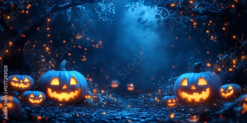 Glowing jack o'lanterns illuminate a dark, enchanting forest scene for a festive Halloween celebration in the night.