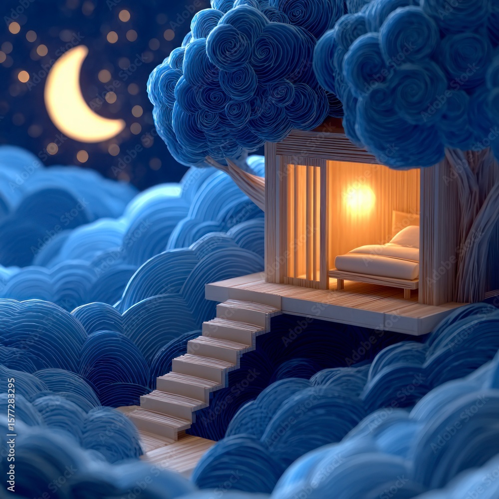 Obraz premium Miniature treehouse nestled in abstract blue clouds under a crescent moon and starry night sky