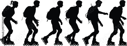 Dynamic Inline Skaters Silhouettes Collection: Active Urban Rollerblading Recreation Vector