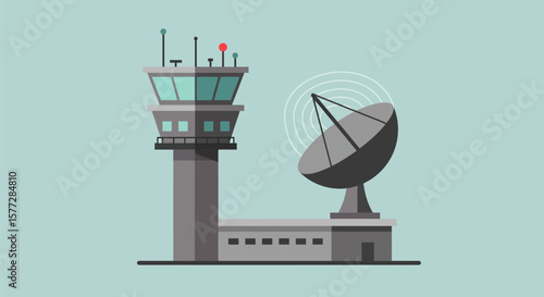 Airport Control Tower with Satellite Dish