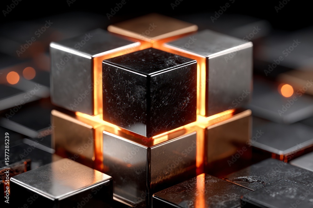 Obraz premium Metallic cubes and gold blocks with bright orange glowing light between them