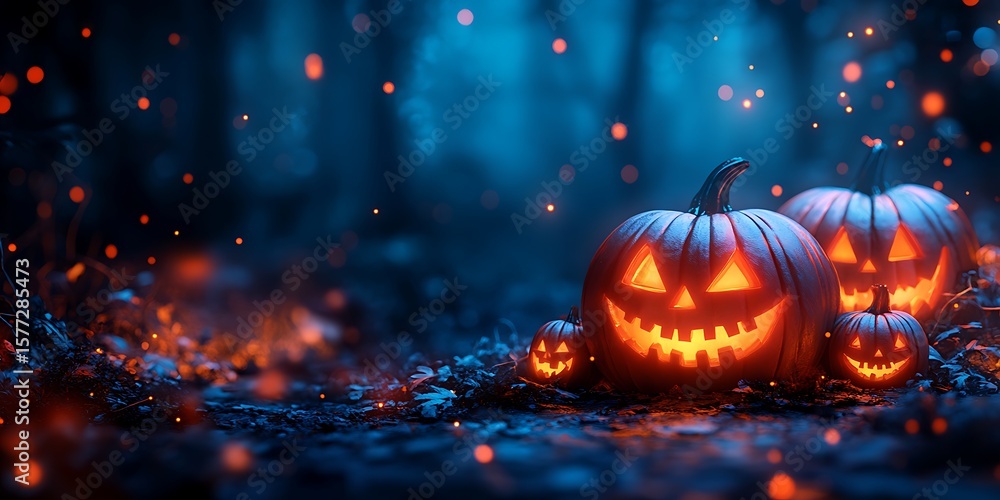 Glowing jack o lantern displays autumn Halloween spirit, evoking spooky season vibes with bokeh lights and fall foliage Glowing jack o lantern displays autumn Halloween spirit, evoking spooky season vibes with bokeh lights and fall foliage