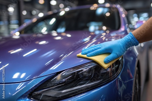 Wallpaper Mural A gloved hand carefully wipes a sparkling blue car with a cloth in a well-lit auto detail shop showcasing meticulous care and attention Torontodigital.ca