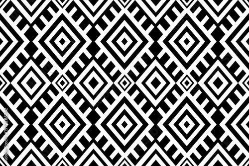 Seamless monochrome abstract geometric pattern with bold black and white diamond shapes and sharp intricate lines