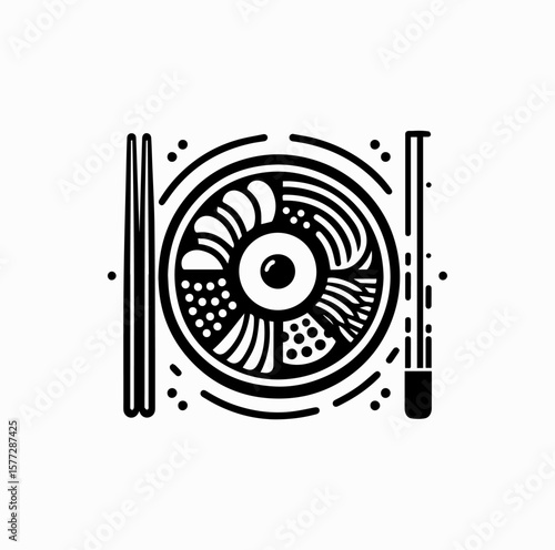 Minimalist Black Vector Logo of Bibimbap Bowl with Chopsticks Isolated on White Background