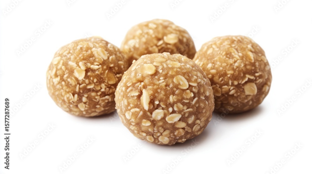 Four oatmeal energy balls close-up on white background. Four oatmeal energy balls close-up on white background.