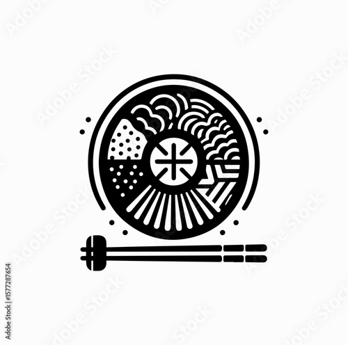 Minimalist Black Vector Logo of Bibimbap Bowl with Chopsticks Isolated on White Background