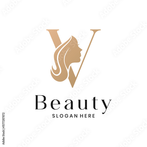 Elegant beauty salon logo with a woman's face silhouette and letter V