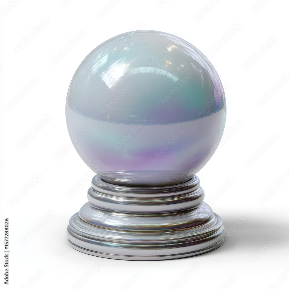 A clear crystal ball with iridescent colors sits on a metallic base isolated on white background A clear crystal ball with iridescent colors sits on a metallic base isolated on white background