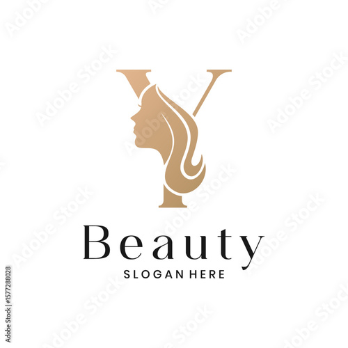 Elegant beauty salon logo with a woman's face silhouette and letter Y