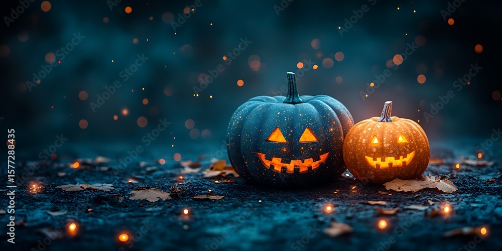 Fototapeta premium Spooky Halloween arrangement with glowing pumpkins, lanterns, and colorful fall leaves for an autumn celebration