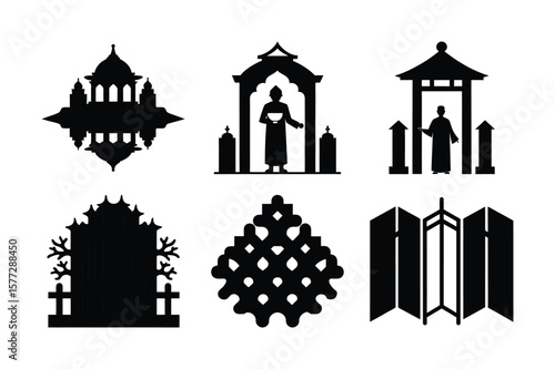Vector set of city architecture silhouettes: houses, churches, temples, mosques, and iconic landmark buildings
