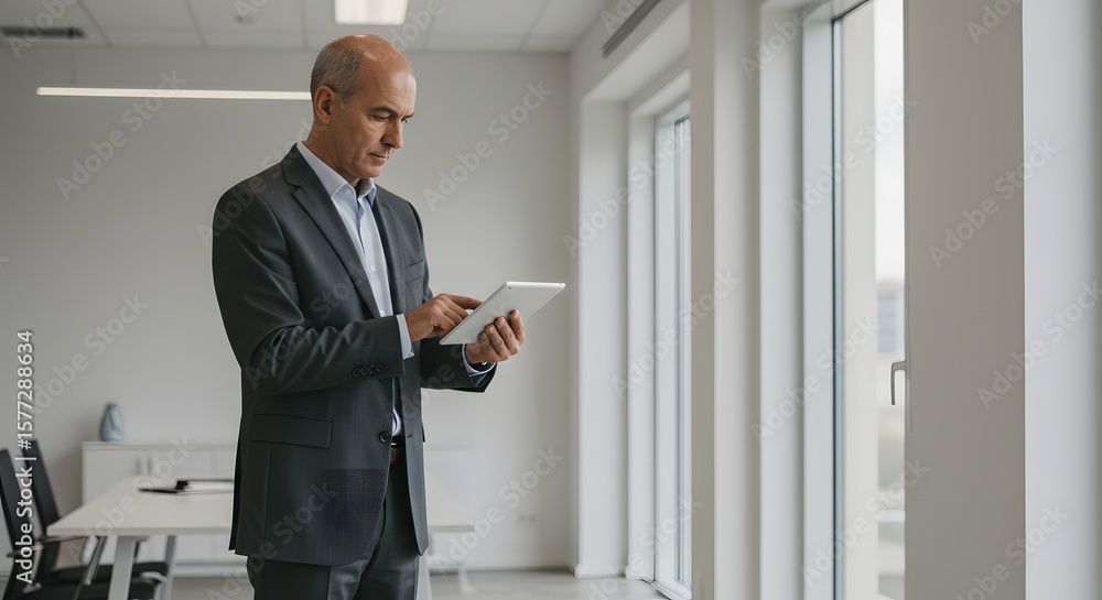 Fototapeta premium A mature businessman standing in an office, using tablet. 