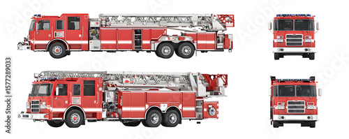 Isolated Professional Studio-Lit fire truck with ladder mounte commercial stock asset, versatile design element, ideal for video overlays and print projects, professional graphics