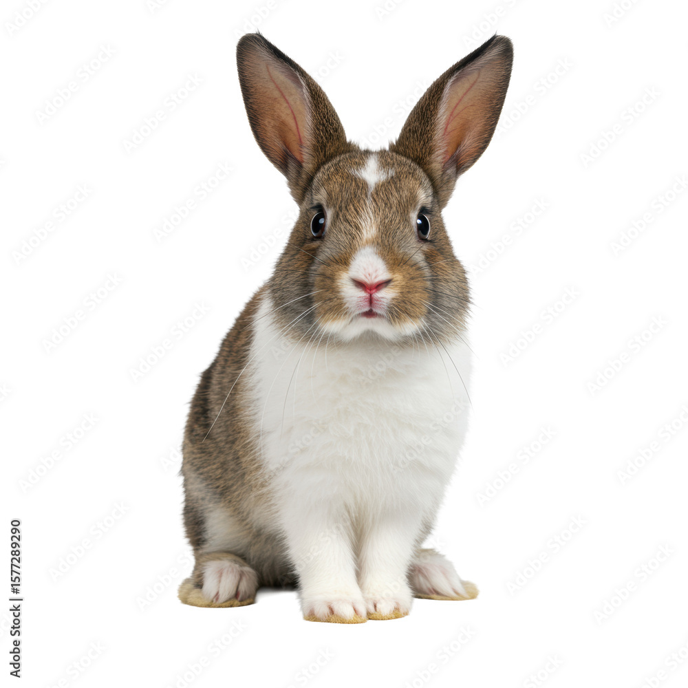 Fototapeta premium A young domestic rabbit with fluffy brown and white fur, perked ears, and bright eyes, making inquisitive eye contact with a raised paw, on a seamless transparent studio background, radiating
