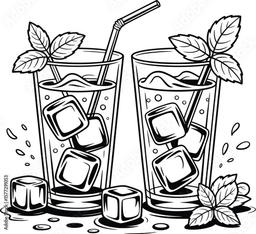 Mint Ice Cocktail Illustration, Hand-Drawn Summer Refreshment Art.



