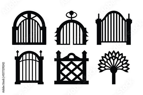 Wrought iron fence gate design vector with bar pattern silhouette icon