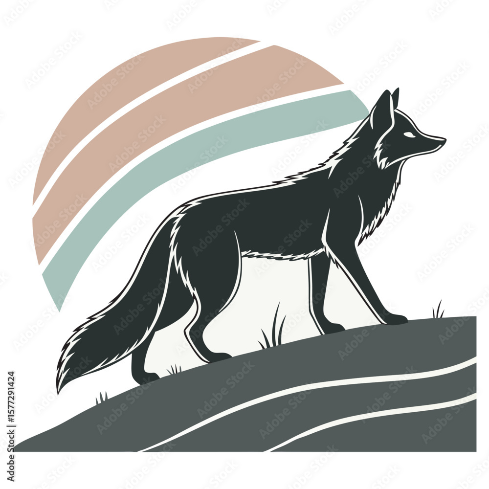 Fototapeta premium Black fox standing on grassy hill with abstract rainbow background