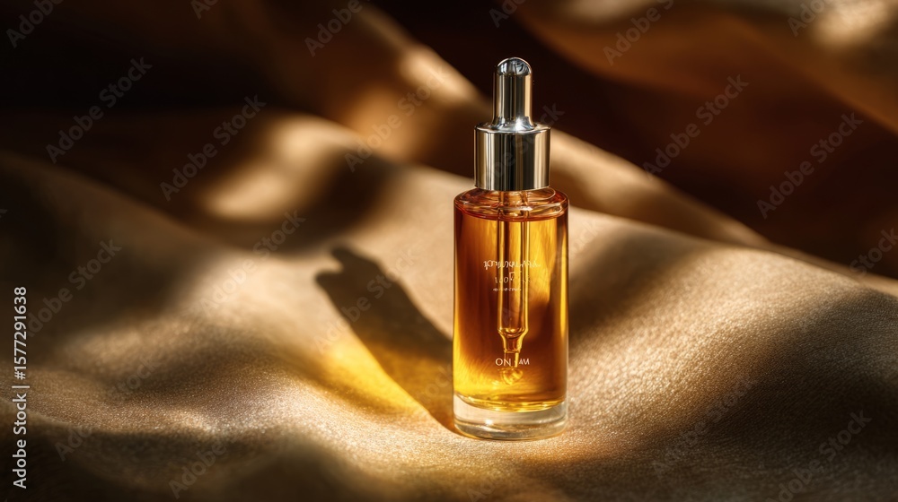 Fototapeta premium Elegant Cosmetic Serum Oil Bottle on Gold Silk Fabric