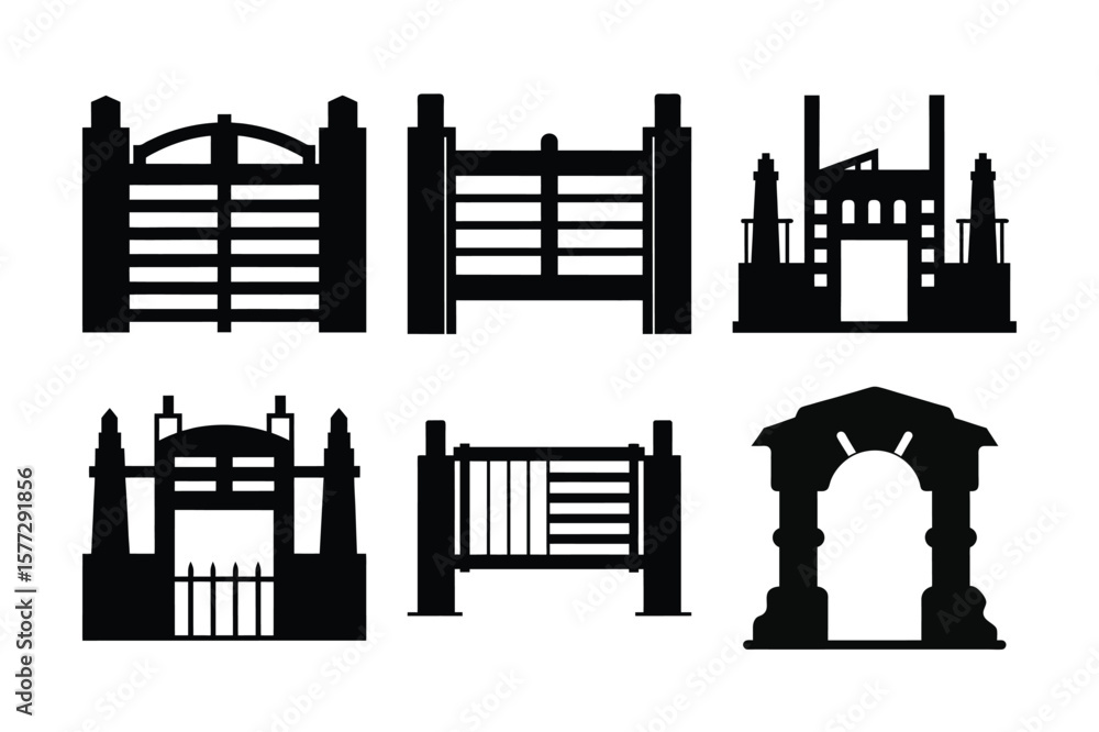 Obraz premium Urban architecture vector silhouettes: a set of black building and factory icons for city design and construction