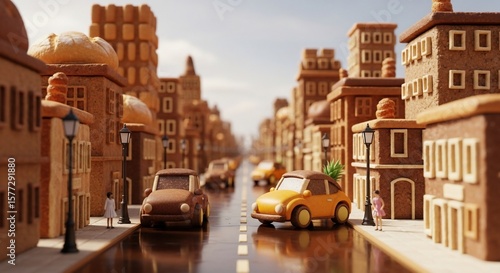 Wallpaper Mural A whimsical city street scene constructed from bread, featuring cars and buildings made of baked goods. Torontodigital.ca