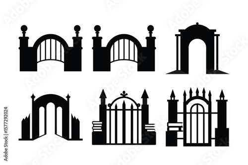Collection of Elegant Gate and Fence Designs Black and White Vector Illustrations