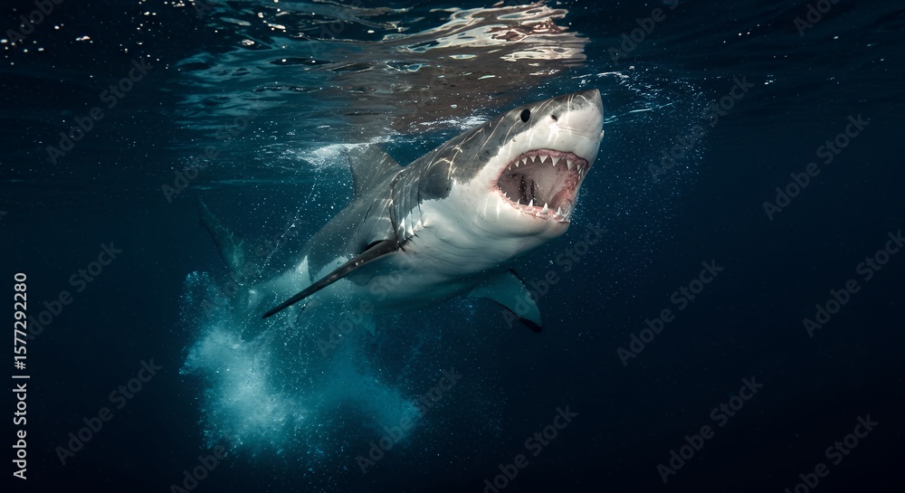 Fototapeta premium Great white shark opening mouth in ocean