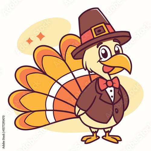 Cartoon turkey wearing pilgrim hat and stylish bow tie celebrates Thanksgiving festivity with elegance
