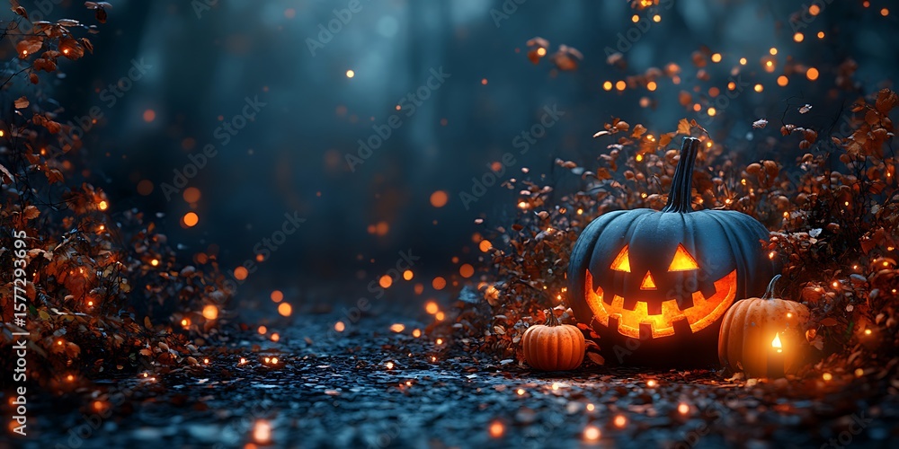Enchanting Halloween night scene featuring glowing pumpkins and autumn foliage in a magical, spooky atmosphere. Enchanting Halloween night scene featuring glowing pumpkins and autumn foliage in a magical, spooky atmosphere.