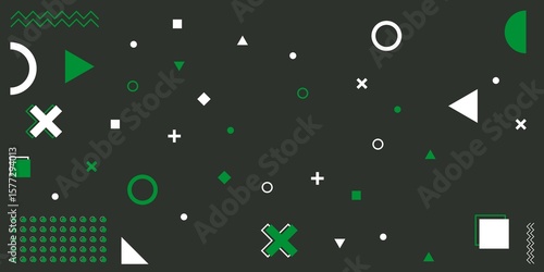 A playful and modern abstract background features a dynamic pattern of scattered green and white geometric shapes in a retro Memphis style against a dark charcoal canvas.