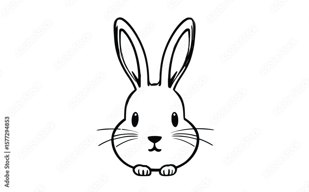 Obraz premium Cute Rabbit Face Vector – Upright Ears Minimal Line Art on White Background