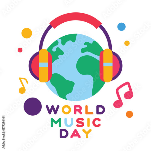 Cheerful World Music Day Design with Earth Wearing Headphones and Musical Notes
