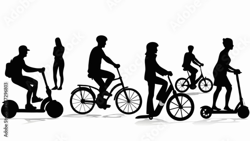Silhouettes of people riding bikes and scooters with one standing figure on a white background scene