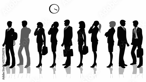 Silhouettes of business people standing in a line with a clock above them indicating time management issues