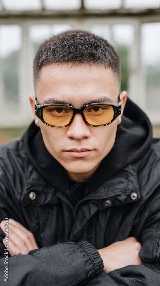 Fototapeta premium Young man with buzz cut and yellow sunglasses wearing a black jacket and hoodie arms crossed