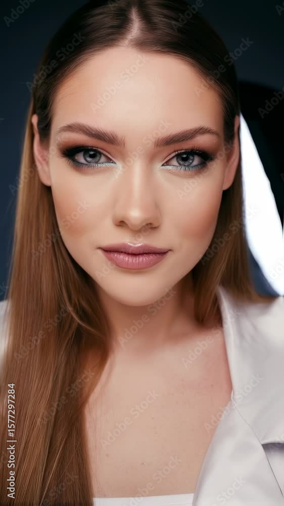 Ethereal Gaze: A stunning portrait of a woman with a delicate touch of makeup, exuding elegance and natural beauty, her eyes captivate with their striking allure. Ethereal Gaze: A stunning portrait of a woman with a delicate touch of makeup, exuding elegance and natural beauty, her eyes captivate with their striking allure.