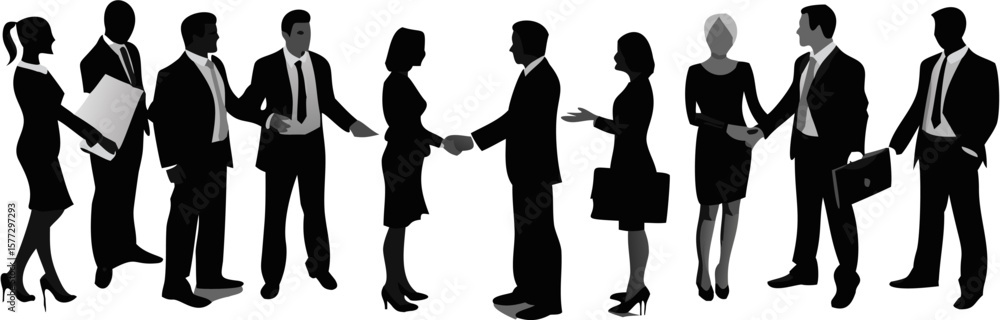 Silhouette illustration of business people in suits shaking hands and holding briefcases in monochrome Silhouette illustration of business people in suits shaking hands and holding briefcases in monochrome