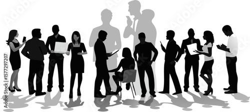 Silhouette illustration of a group of people using technology in a business or casual setting scene