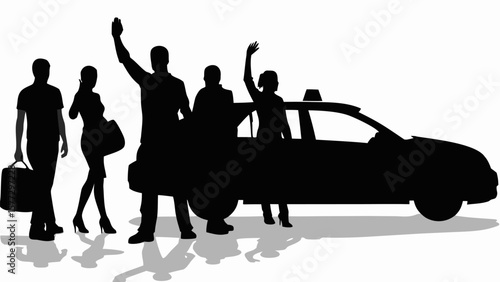 Silhouette of people hailing a taxi with luggage and bags on a white background in a simple design