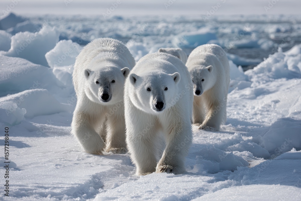 Polar bears walking on ice in a snowy environment during daytime Polar bears walking on ice in a snowy environment during daytime