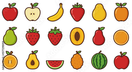 This delightful collection of vector fruit icons features a range of vibrant and fresh designs, including popular fruits like apples, bananas, strawberries, watermelons, and more.
