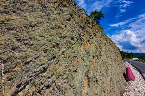 Flysch Sedimentary Rock Layers Along Roadside in Serbia