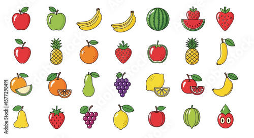 This delightful collection of vector fruit icons features a range of vibrant and fresh designs, including popular fruits like apples, bananas, strawberries, watermelons, and more.
