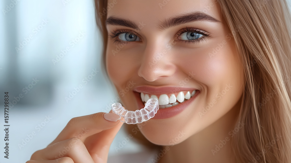 A young woman smiling and holding a clear dental aligner in her hand, standing in a modern dental clinic, natural lighting, straight white teeth, confident and healthy expression, focus on the trans
A young woman smiling and holding a clear dental aligner in her hand, standing in a modern dental clinic, natural lighting, straight white teeth, confident and healthy expression, focus on the trans
