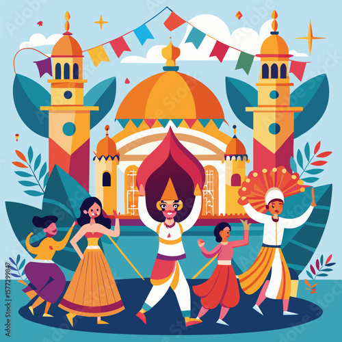 Celebratory illustration of people in traditional attire dancing and rejoicing in front of festive architecture.