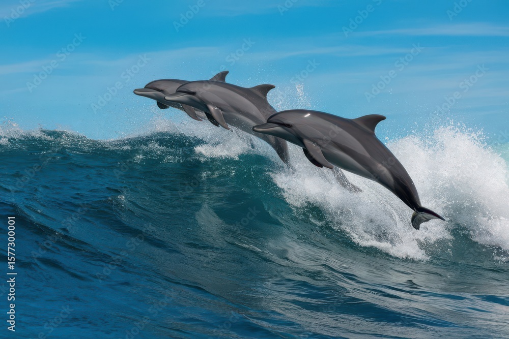 Fototapeta premium Spectacular sight of dolphins leaping out from vibrant ocean waves