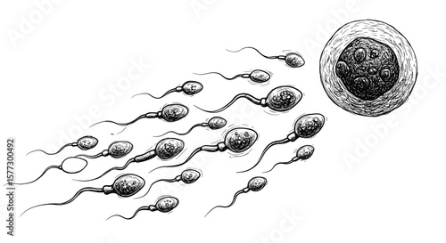 AI-generated black and white medical illustration of sperm racing to fertilize an egg