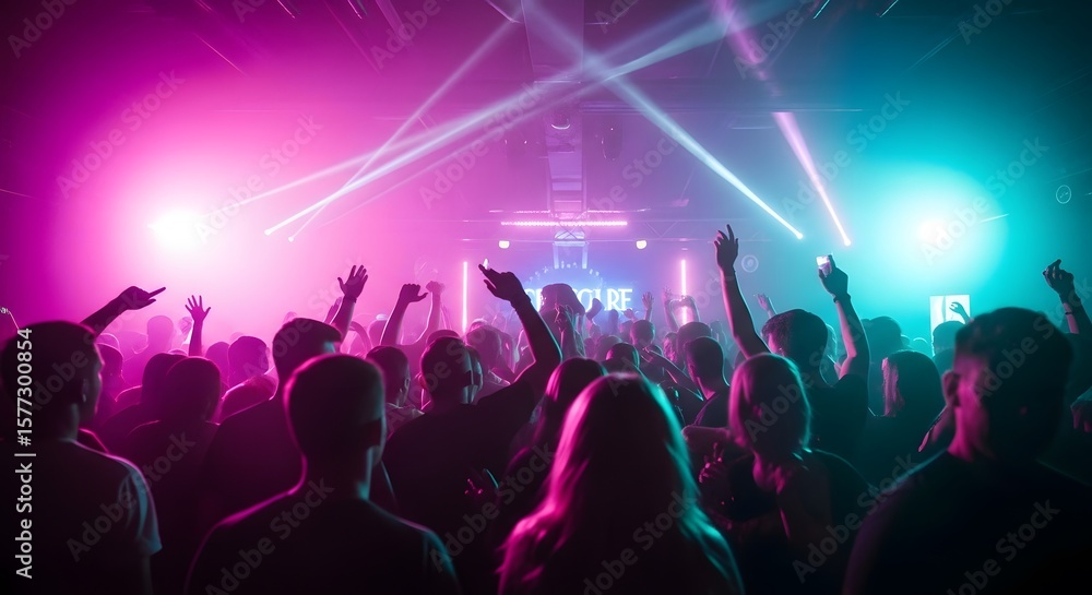 A crowd of people with raised hands enjoying a concert with bright pink and blue stage lighting. A crowd of people with raised hands enjoying a concert with bright pink and blue stage lighting.