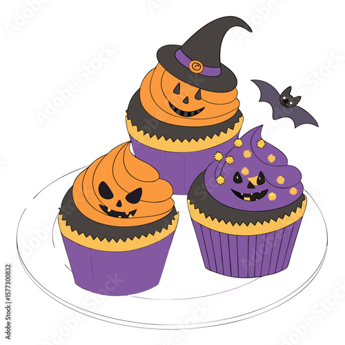 Three festive halloween cupcakes two with carved jack o lantern faces and one with purple frosting and spooky decorations sit on a plate with a small bat flying nearby